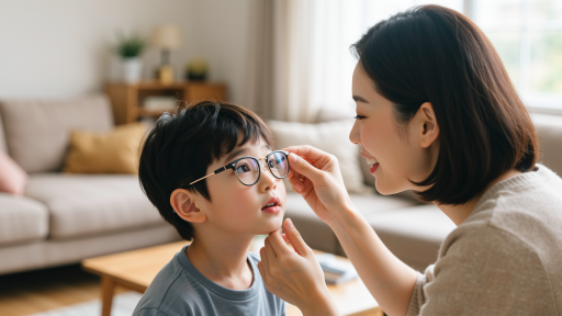 青少年视功能训练场景,专业设备辅助,孩子正在接受个性化视力训练,专业人员指导