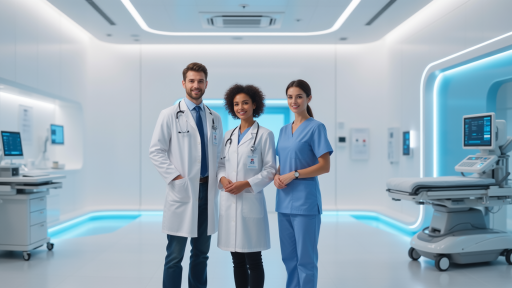 专业医疗团队合影,包含眼科专家、视光师和康复治疗师,穿着白大褂,专业形象